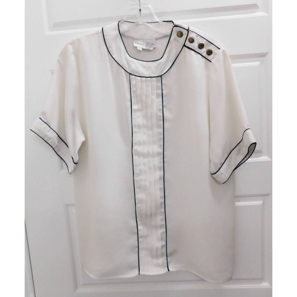Oscar de la Renta White Navy Blue Piping Short Sleeve Top Blouse sz 10